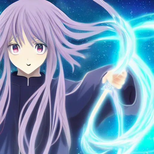 Image similar to a beautiful anime character wizard with free flowing hair holding a staff that has a glowing blue orb at the head of it high detail, high resolution