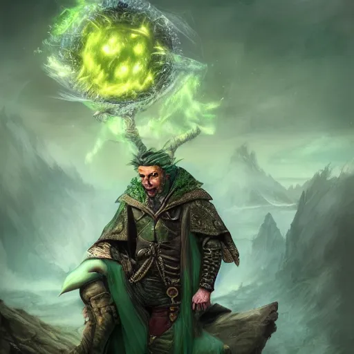 Prompt: portrait dangerous dave, sorcerer of the northern winds wearing a leather doublet brandishing a glowing green orb whilst standing on a cliff chris cold Jean Sebastien Rossbach jana schirmer jeff simpson greg staples