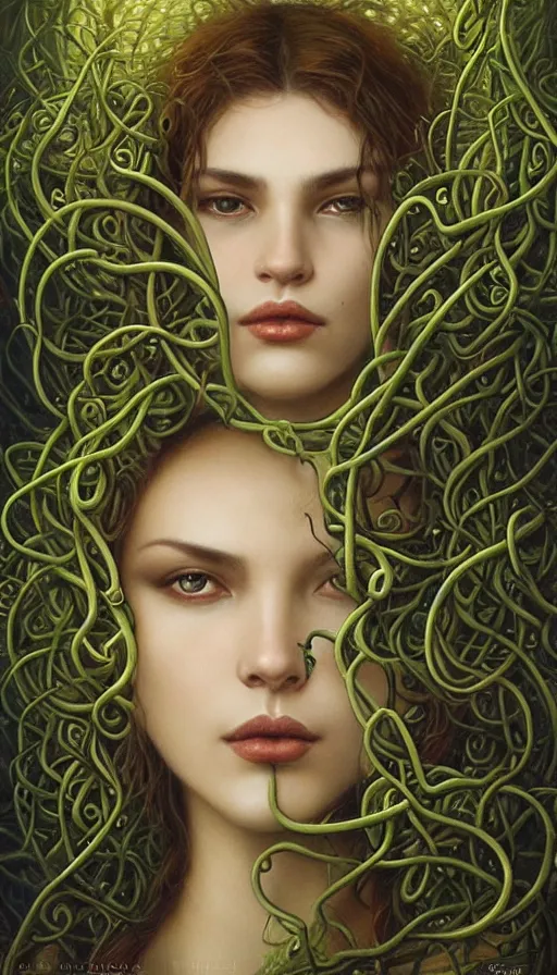 Image similar to very detailed portrait of a 2 0 years old girl surrounded by tentacles, the youg woman visage is blooming from fractal and vines, by karol bak