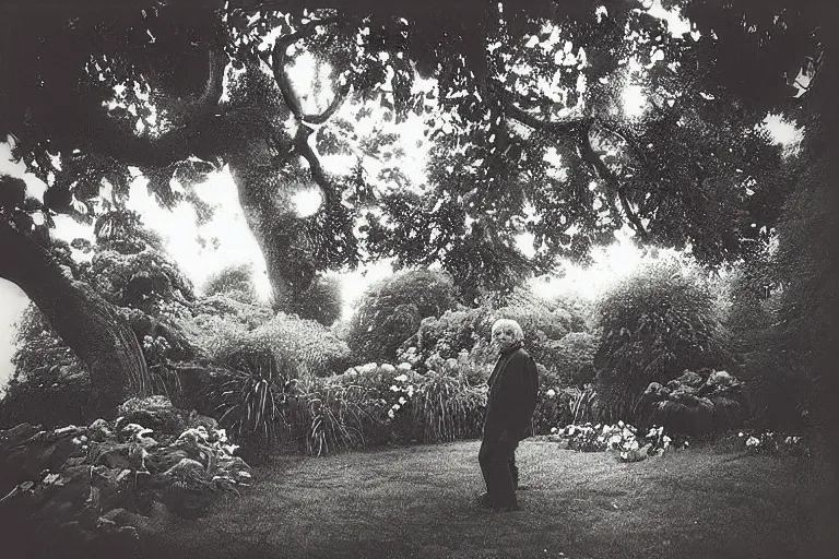 Prompt: “Photo by Robert ParkeHarrison. Close-up of an old man in a garden with flying trees. The dark sky is torn open like a paper and bright light shines through it.”