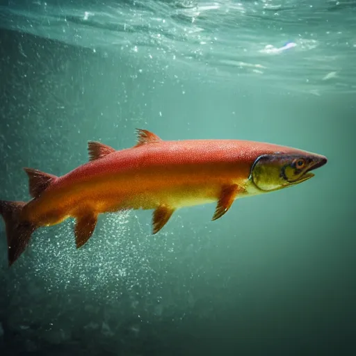 Prompt: photograph of a live salmon wearing a cowboy hat, underwater photograph, clear image, 4 k resolution, award winning, nature documentary