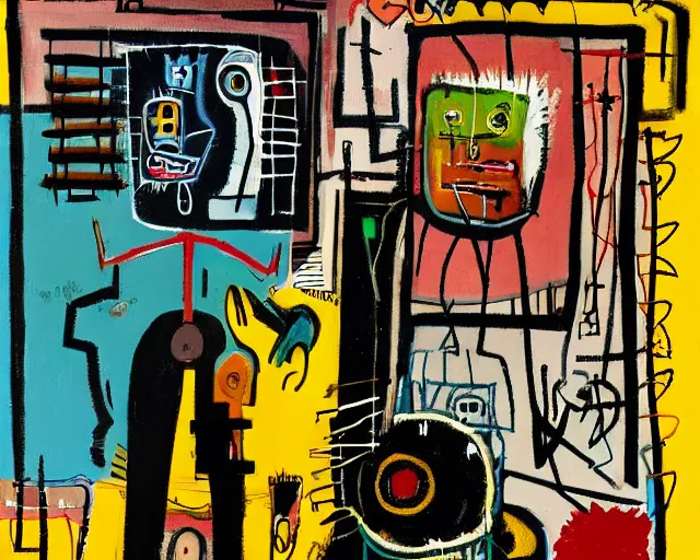 Image similar to painting of a cyborg questioning his reality by graham sutherland, basquiat, neo - expressionism, muted colors