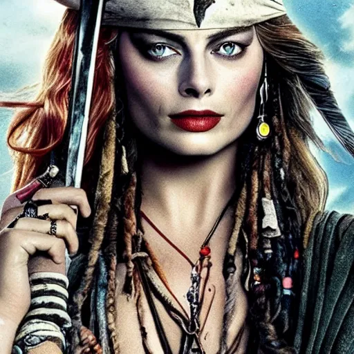 Image similar to margot robbie replacing johnny depp in the lead role in pirates of the caribbean ( 2 0 2 4 ) film poster