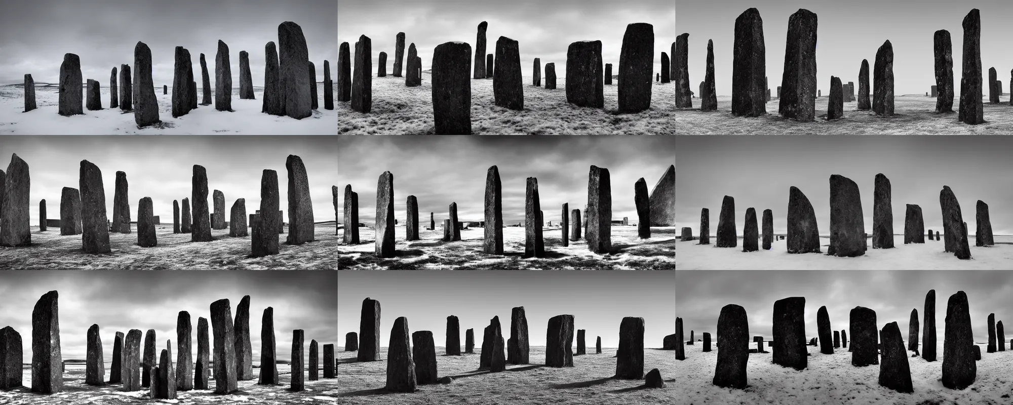 Prompt: The grim reaper stands in front of the neolithic standing stones of stenness, black and white, grainy, snow, matte painting, concept art, 4k