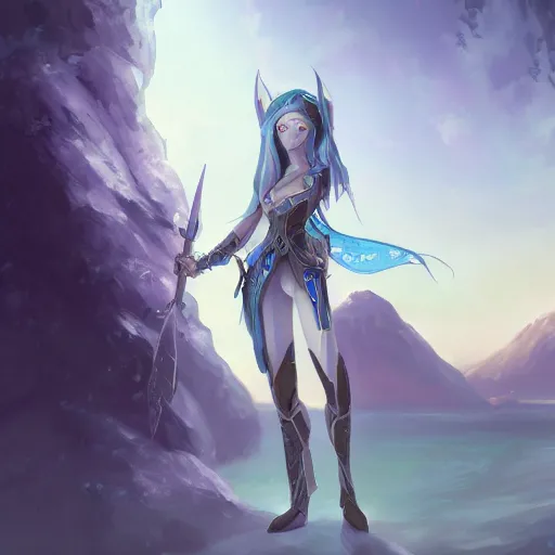 Prompt: an elf girl with pale grey skin with blues and long purple hair, wearing armor, highly detailed, digital painting, artstation, matte, by makoto shinkai, animation style