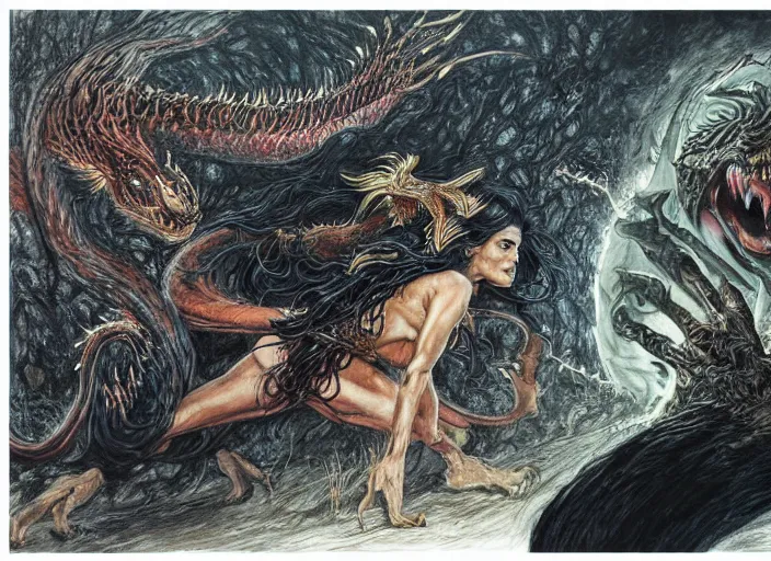 Prompt: intricate painting of salma hayek fighting a dragon by dariusz zawadski and alan lee and gris grimly, contemporary, creepy, acrylic