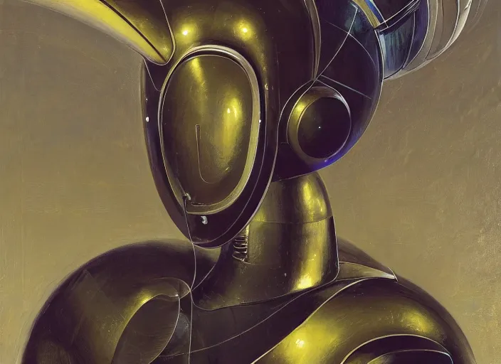 Image similar to a portrait headshot of sci fi metallic human, bright eyes, melancholic complex geometric figure liminal machinery by oskar schlemmer, moebius, john berkey, oil on canvas, portrait facial head, featured on artstation, hd wallpaper