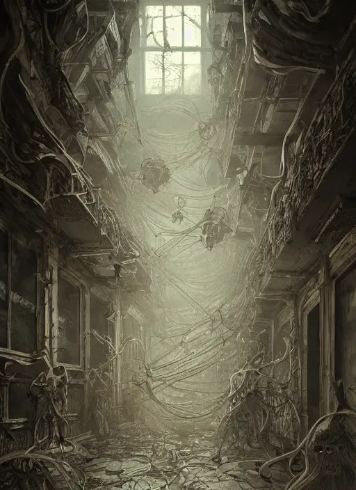 Image similar to interior of a haunted school corridor with ghots around, art style by kim jung gi karl marx greg rutkowski klimt and nixeu, au naturel, hyper detailed, digital art, trending in artstation, behance, deviantart, houdini