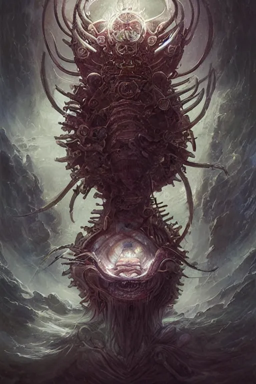 Prompt: Astral Isopod God, insectoid, crustacean, fantasy, magic, digital art by Seb Mckinnon and Peter Mohrbacher, professional illustration, holy, cult