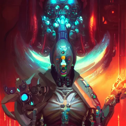Image similar to a portrait of a cybernetic satanic priest, cyberpunk concept art by pete mohrbacher and wlop and artgerm and josan gonzales, digital art, highly detailed, intricate, sci-fi, sharp focus, Trending on Artstation HQ, deviantart, unreal engine 5, 4K UHD image