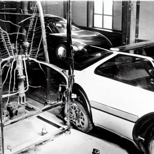 Prompt: future car being worked on by scientist nikola tesla next to elon musk photography 2 0 0 0's