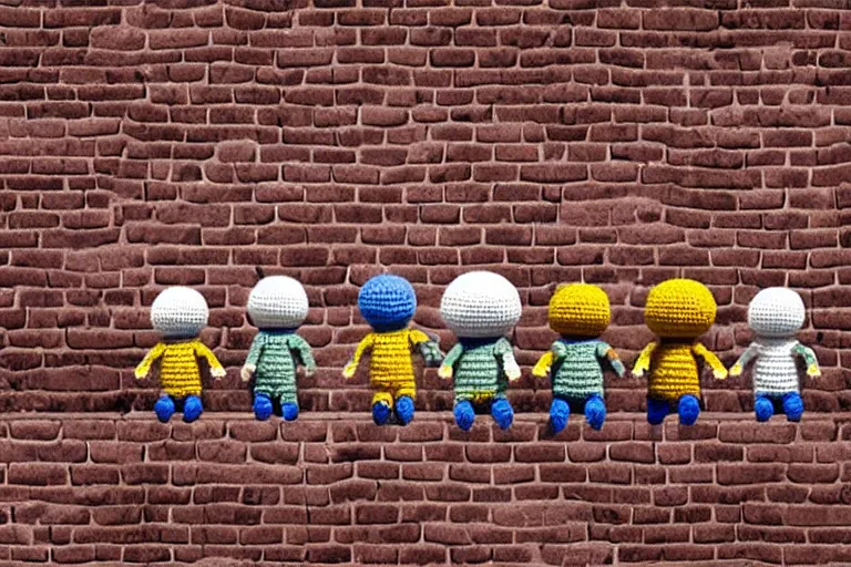 Image similar to an expedition of crochet cute astronauts climbing a brick wall. cute, illustration, digital art, inspired by little big planet, by greg rutkowski, detailed, sharp, masterpiece, highly detailed, photorealistic, octane render, 8 k, unreal engine 5, trending on artstation, vivid colors