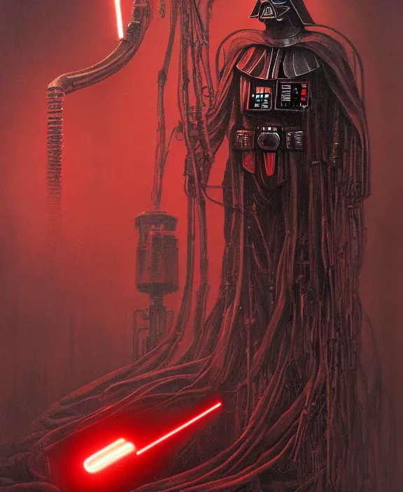 Prompt: a red steampunk darth vader with mechanical tendrils by HR Giger and Beksiński, 4k resolution, detailed, trending on artstation