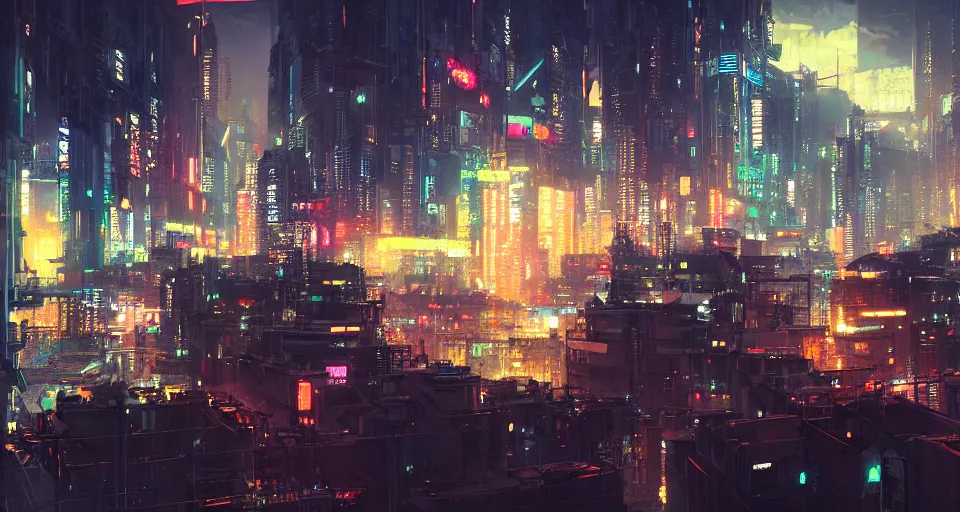 Image similar to panoramic view of a cyberpunk city at night, bokeh lights, anime, ilya kuvshinov, guweiz, greg rutkowski, concept art, digital painting, cinematic, extreme detail, expansive