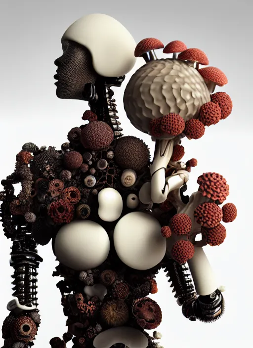 Prompt: biomechanical mannequin carrying perfume bottle, black corals table made of corals, mushrooms, puffballs, rhizomorphs in an ivory room well contoured smooth fair walls, up close shot, sharp focus, global illumination, radiant light, alexandre ferra white mecha, irakli nadar, octane highly render, 4 k, ultra hd,