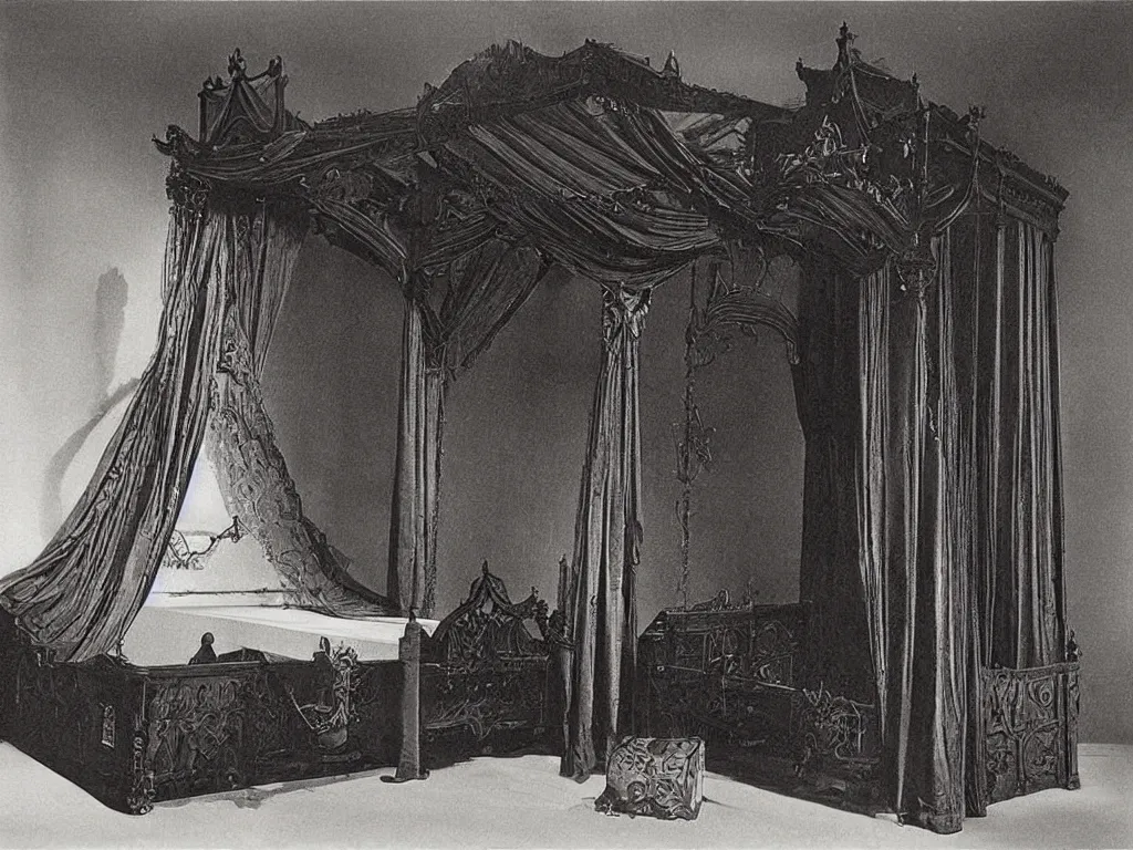 Prompt: gothic baldachin bed with home of the wasp. karl blossfeldt, salvador dali