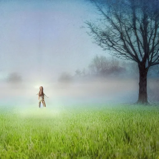 Prompt: fantasy art of a clear day in a field with a person made out of mist