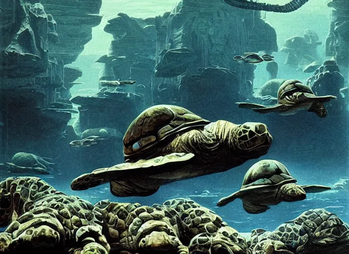 Prompt: mega turtles underwater in a ruined Atlantis art by Chesley Bonestell, cgsociety, retrofuturism, matte painting, reimagined by industrial light and magic