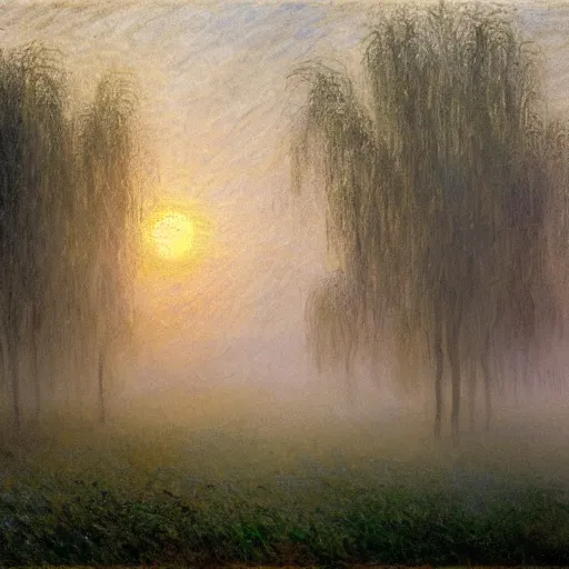 Prompt: willow trees in a misty field at daybreak, atmospheric, by turner and monet