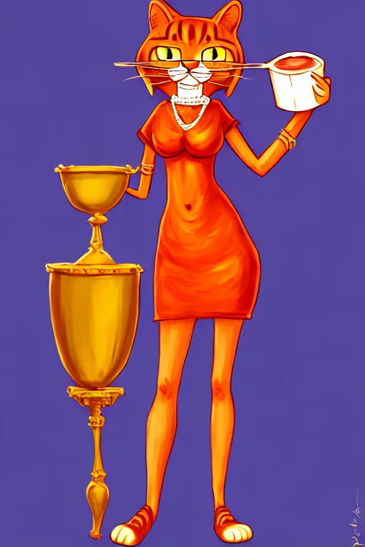 Prompt: fullbody!! personification of garfield the cat garfield goddess holding a blood chalice, stunning, cat face, professional character concept art by tatyana kupriyanova