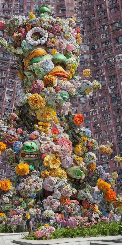 Image similar to colossal grotesque flower statue made from Lenin heads and colorful alien flowers in the middle of abandoned early soviet constructivist cityscape, Stalinist architecture, ultradetailed by Hayao Miyazaki and Josan Gonzalez and Makoto Shinkai and Giuseppe Arcimboldo and Wes Anderson