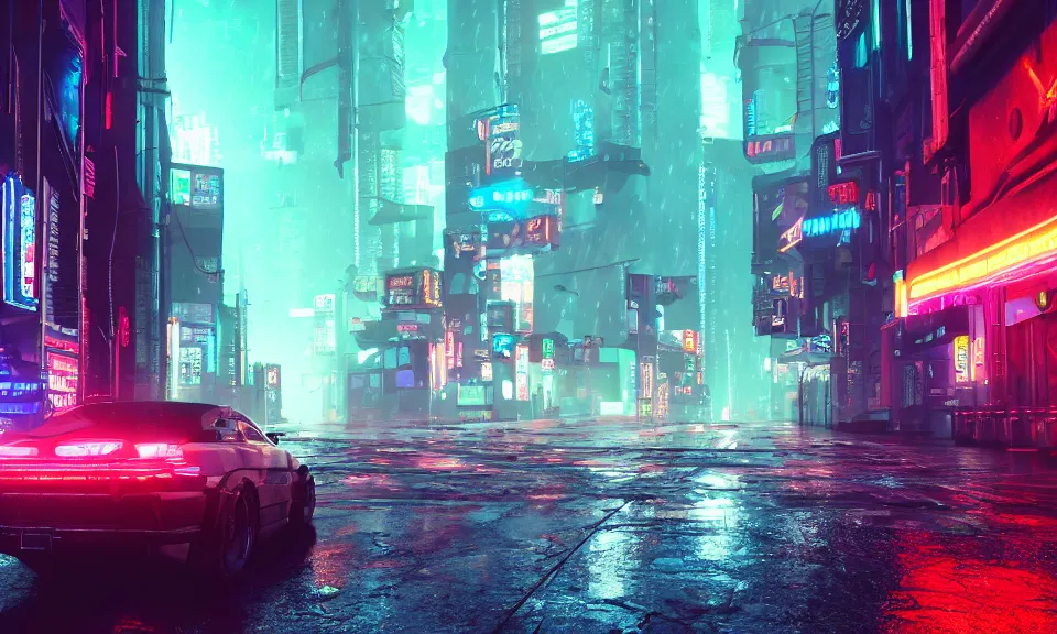 Prompt: a cyberpunk street scene with neon lights, raining, a lonely cyborg sits in the gutter, 4k uhd wallpaper, unreal engine