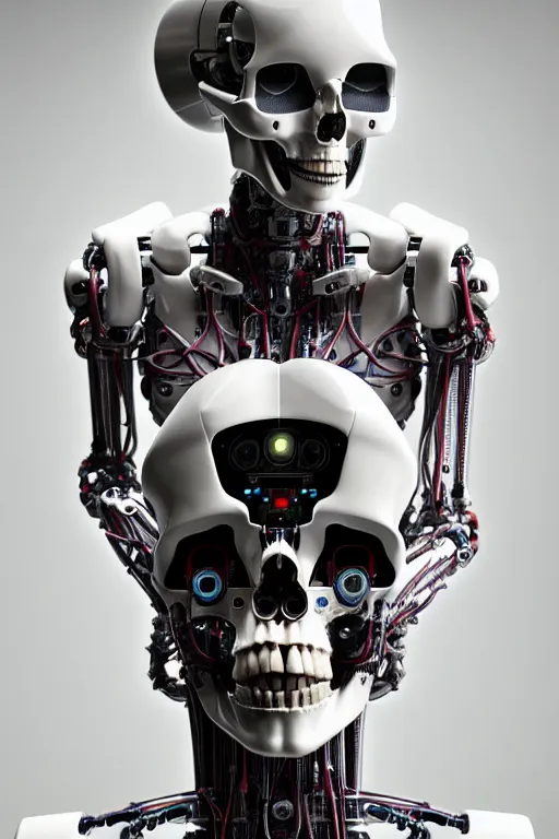 Image similar to a robot holding a human skull on its hand, perfect symmetrical body, full body shot, inflateble shapes, wires, tubes, veins, white biomechanical, wearing epic bionic cybor implants, masterpiece, intricate, biopunk vogue, highly detailed, artstation, concept art, cyberpunk, octane render