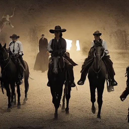 Image similar to screenshot of the lone ranger walking ont a tv film set with a film crew, behind the scenes, 2 4 mm lens, directed by wince mcstevens, tense scene, moody dramatic light