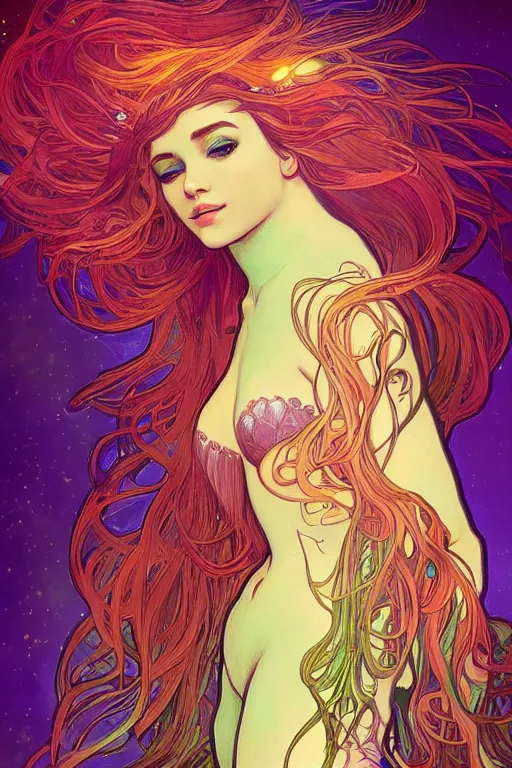 Image similar to a beautiful psychedelic mermaid with a beautiful fin, cinematic lighting, soft bokeh, fantasy, modern, colourful, highly detailed, digital painting, artstation, deviantart, concept art, sharp focus, illustration, by alphonse mucha