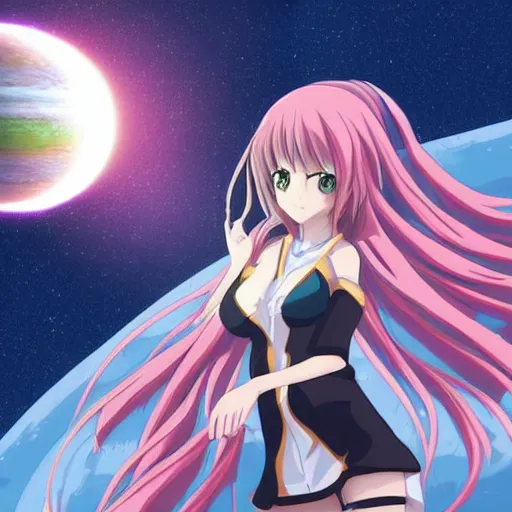 Image similar to A gigantic anime girl terraforming a planet