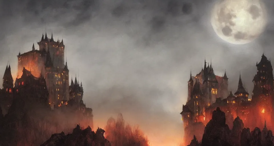 Prompt: dracula's castle rising up from the mist at night silhouetted by a single huge bloodmoon, anders zorn, stephen hickman, thomas kincade, brutalist, James Paick, Julian Falat, ultra realistic, trending on artstation, lava, dungeons and dragons, warm saturated colors, spooky, haunted