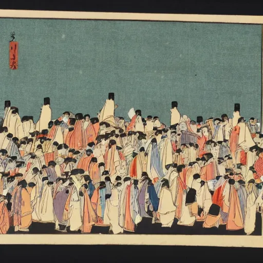 Prompt: late meiji period, colored woodblock print, muslims performing hajj