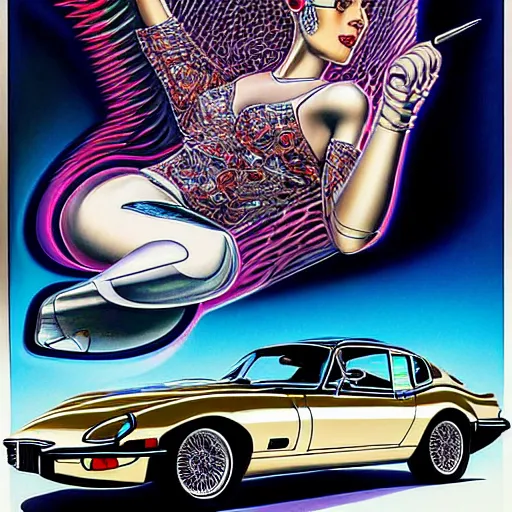 Image similar to a woman with short hair riding a 1 9 8 2 pontiac trans am, jaguar e - type, surreal, art by peter lloyd, 1 9 8 0's art, airbrush style, art by hajime sorayama,, intricate, elegant, sharp focus, illustration, highly detailed, h 8 0 0