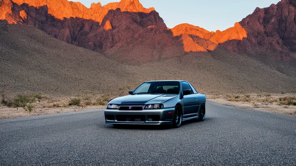 Image similar to three quarter front photo of a stock dark grey nissan r 3 2 skyline gtr on a road in a desert with a mountain in the background in the early morning, car photography, depth of field, zoom lens, blue hour, photorealistic