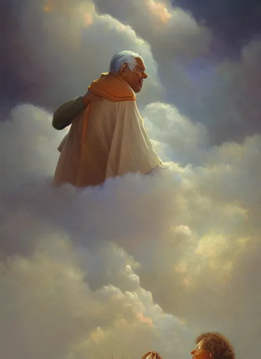 Image similar to portrait of an indigenous grandfather and grandmother in the clouds, smiling, protection, benevolence, ancestors, art by christophe vacher