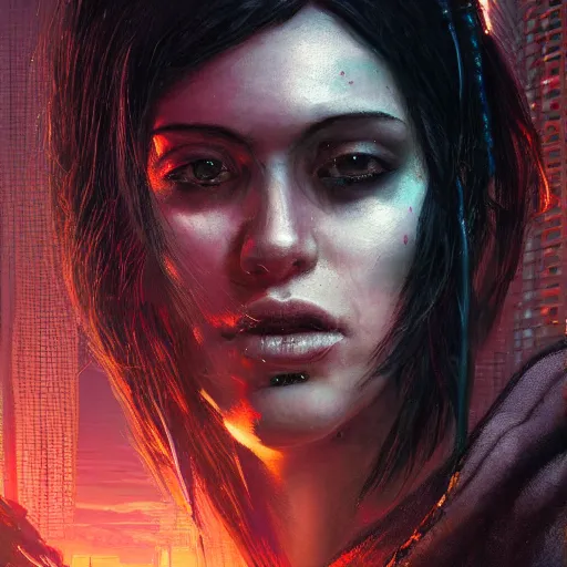 Image similar to molly millions, closeup portrait of a young beautiful cyberpunk woman, mirror eye implants, black hair in a rough shag, sunset, neuromancer, street samurai, cyberpunk city background, megacity, gorgeous view, depth, painted by seb mckinnon, high detail, digital art, painted by greg rutkowski, trending on artstation