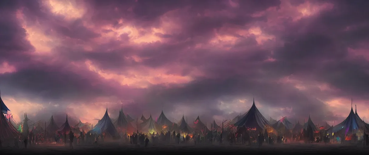 Prompt: beautiful matte painting silhouette of dark colorfull evil circus tents and carnival, dark stormy dramatic sky, Moebius, frank frazetta, james gurney, thomas kinkade, rodney mathews, beeple, trending on artstation