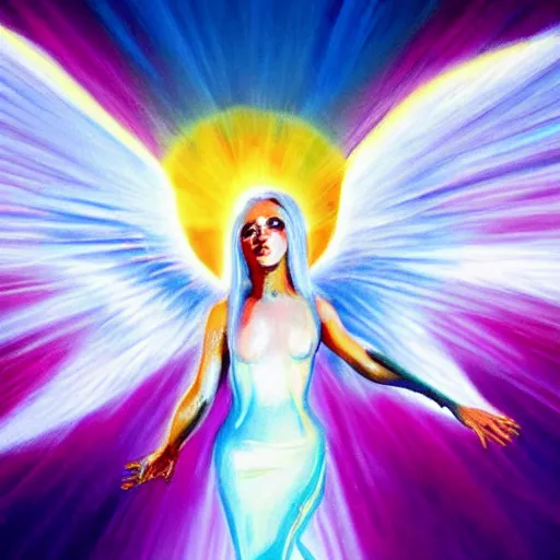 Prompt: church painting of lady gaga angel in heaven, super realistic, celestial, miraculous, sun rays, award winning