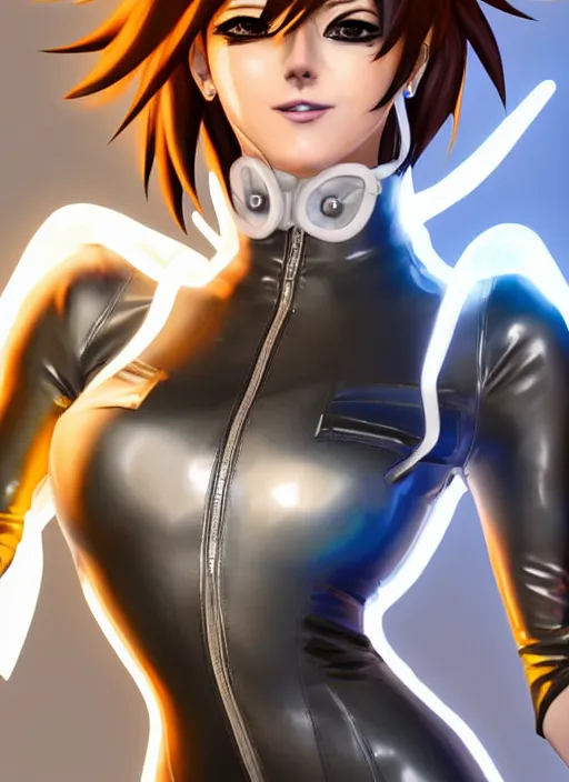 Image similar to portrait bust digital artwork of tracer overwatch, wearing white iridescent rainbow latex and leather straps catsuit outfit, 4 k, expressive happy smug expression, makeup, in style of mark arian, angel wings, wearing detailed black leather collar, chains, black leather harness, detailed face and eyes,