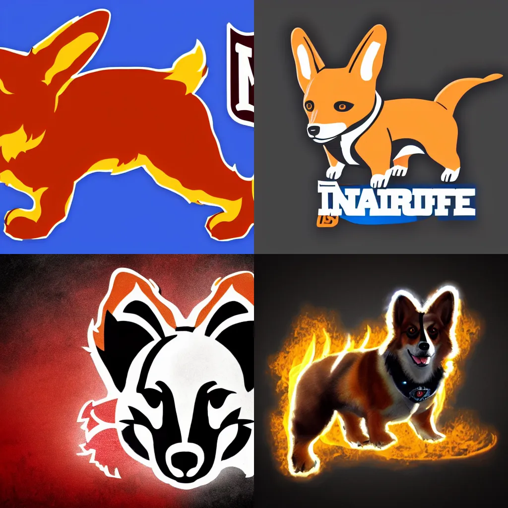 Prompt: NFL team logo, depicting a corgi made of fire, high quality, extremely detailed, HD, 8k, artstation