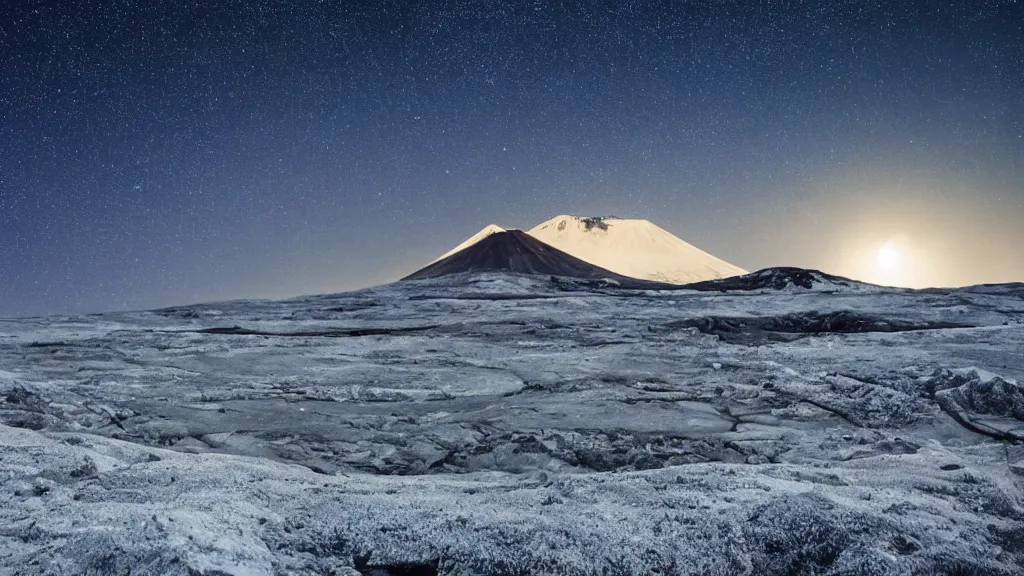 Prompt: A cold icy landscape under a clear starry sky. A volcano is erupting far away in the background. Lush green moon is seen in the sky. Wide angle.