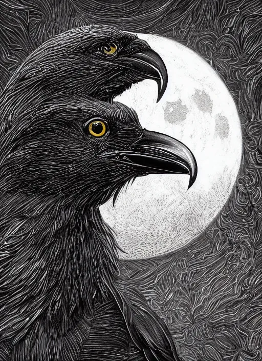 Image similar to portrait, A crow in front of the full big moon, book cover, red white and black colors, establishing shot, extremly high detail, foto realistic, cinematic lighting, pen and ink, intricate line drawings, by Yoshitaka Amano, Ruan Jia, Kentaro Miura, Artgerm, post processed, concept art, artstation, matte painting, style by eddie mendoza, raphael lacoste, alex ross