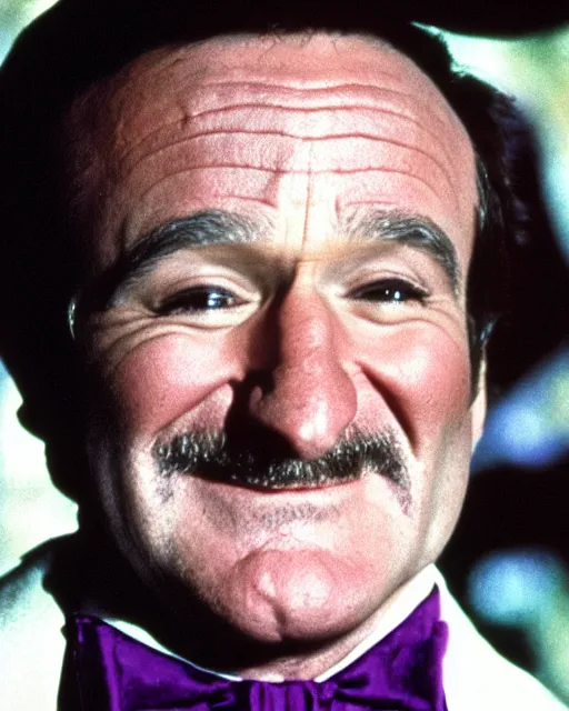 Prompt: Film still close-up shot of Robin Williams as Willy Wonka from the movie Willy Wonka & The Chocolate Factory. Photographic, photography