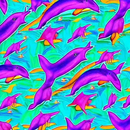 Prompt: dolphins jumping over a pile of hemp leaves in a psychedelic lisa frank style, digital art