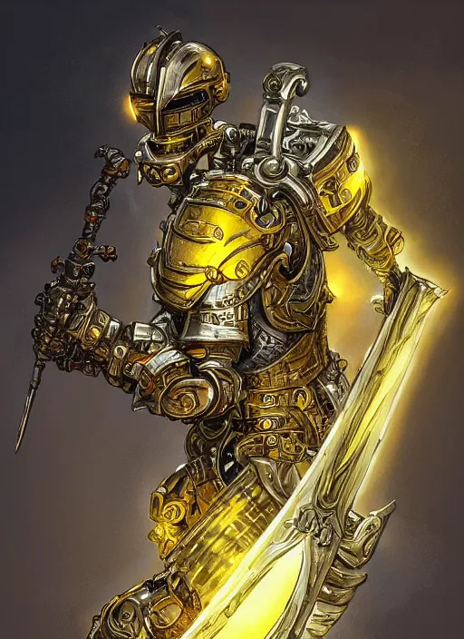 Image similar to dynamic portrait of a intricate glorious holy mechanical warforged character in yellow armor holding a paladin engraved great longsword and carrying a big paladin shield, spotlight from face , epic , trending on ArtStation, cinematic lighting, by Jesper Ejsing and by Philippe Druillet