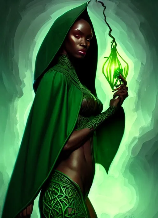 Image similar to beautiful black woman elf wearing a dark green robe portrait, art nouveau, fantasy, intricate arcane wiccan designs, elegant, highly detailed, digital painting, artstation, concept art, matte, sharp focus, illustration, art by Artgerm and Greg Rutkowski and WLOP