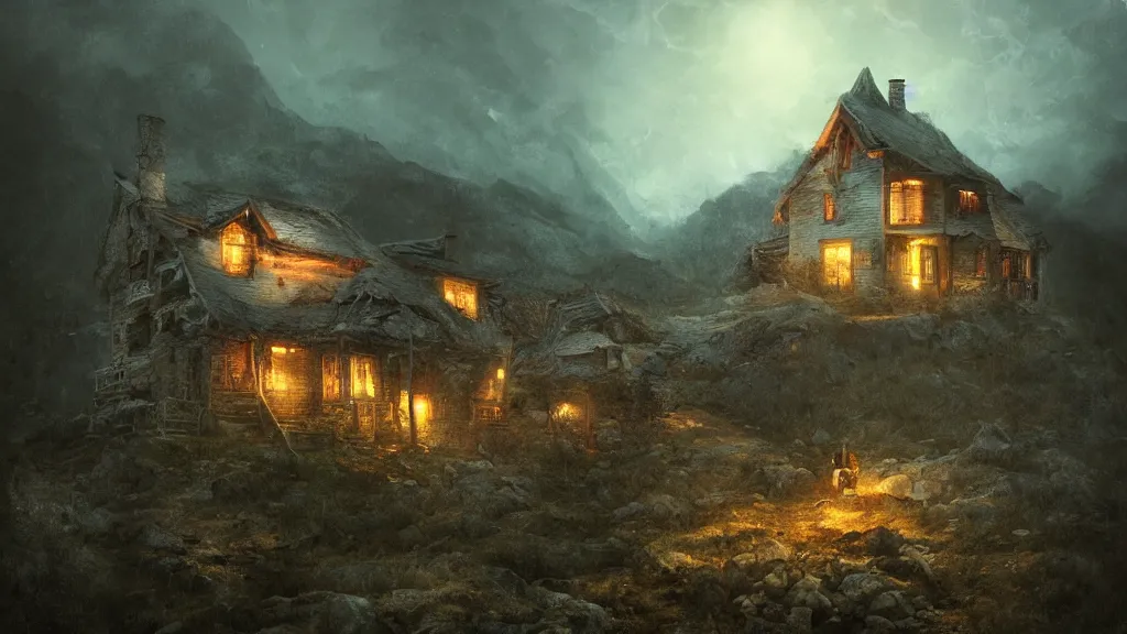 Prompt: A cottage rotting on a mountaintop at night, horror painting, by Bastien LeCouffe-Deharme, hyperrealistic, Blender 8k UHD