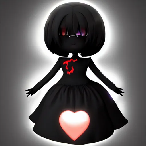 Prompt: cute fumo plush of a pure vantablack arachnid girl with a white glowing heart, lens flare, gothic regal, vray, sparks and liquid fire