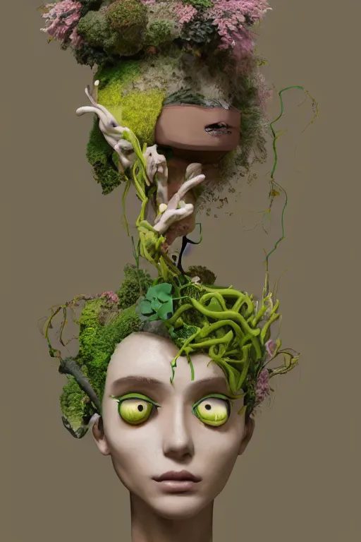 Image similar to nonbinary model, subject made of cracking brown clay, vine headdress, moss patches, 2 0 mm, with pastel yellow and green oddish bursting out, melting into lilligant, delicate, beautiful, intricate, houdini sidefx, by jeremy mann and ilya kuvshinov, jamie hewlett and ayami kojima, bold 3 d