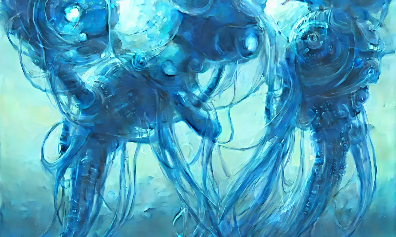 Image similar to cyberpunk jellyfish, blue tones, underwater, 360, highly detailed, digital painting, artstation, concept art, smooth, sharp focus, illustration, art by greg rutkowski and alphonse mucha